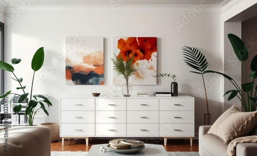 A minimalist yet cozy living room unfolds in an Scandinavian apartment A sleek white commode stands as a statement piece flanked by two abstract canvases that add splashes of vibrant color A tro