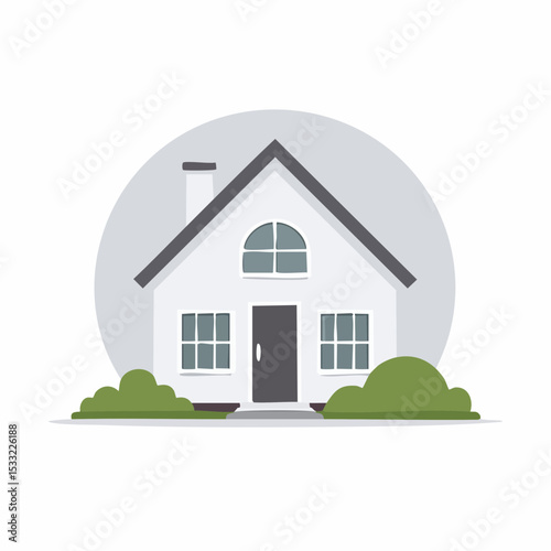 A simple illustration of a charming, single-story house with a gray roof, nestled amidst green bushes.