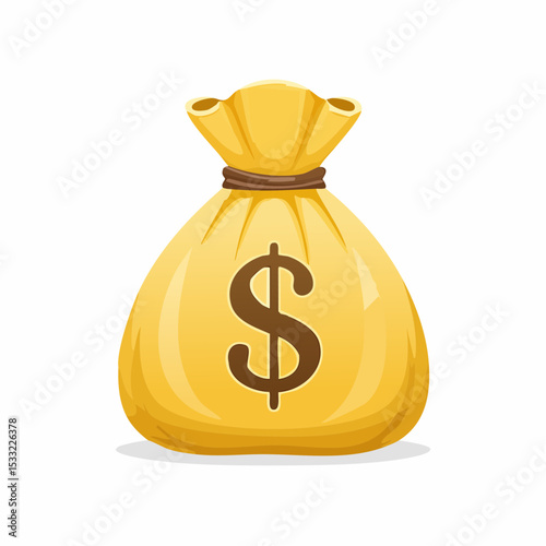 A cartoon illustration of a yellow money bag, tied with a brown string, displaying a dollar sign.