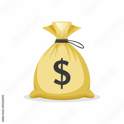 A cartoon illustration of a golden money bag tied with a string, displaying a dollar sign.