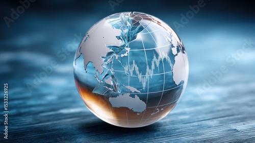 Economic risk concept. A transparent globe with financial graphs and charts reflects global economic trends on a blue gradient background.