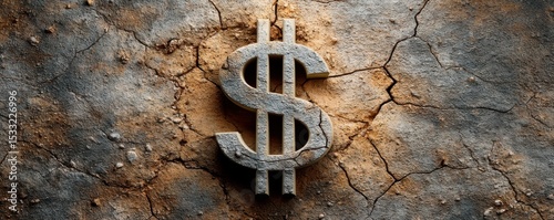 Economic risk concept. A textured dollar sign symbol sits prominently on a cracked, rough, brownish surface, symbolizing finance and economic themes.