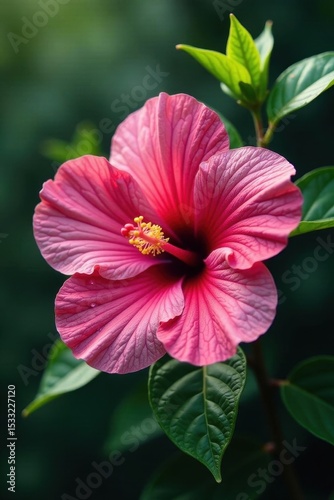 Fully opened pink hibiscus, pollen visible, morning dew, detail, nature, botany