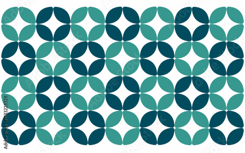 seamless pattern with blue circles. Modern geometric pattern resembling an abstract Indonesian Batik Ceplok, featuring interlocking teal and dark blue petal shapes on a clean white background