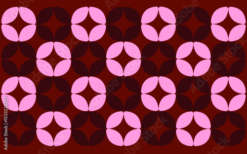 seamless pattern with hearts. seamless geometric pattern resembling a contemporary Indonesian Batik Ceplok, with alternating dark brown and pink interlocking petal shapes on a deep red background.