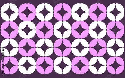 seamlt geometric pattern resembling a modern take on Indonesian Batik Ceplok, featuring interlocking white and light pink petals or abstract floral shapes on a dark purple background. Floral art