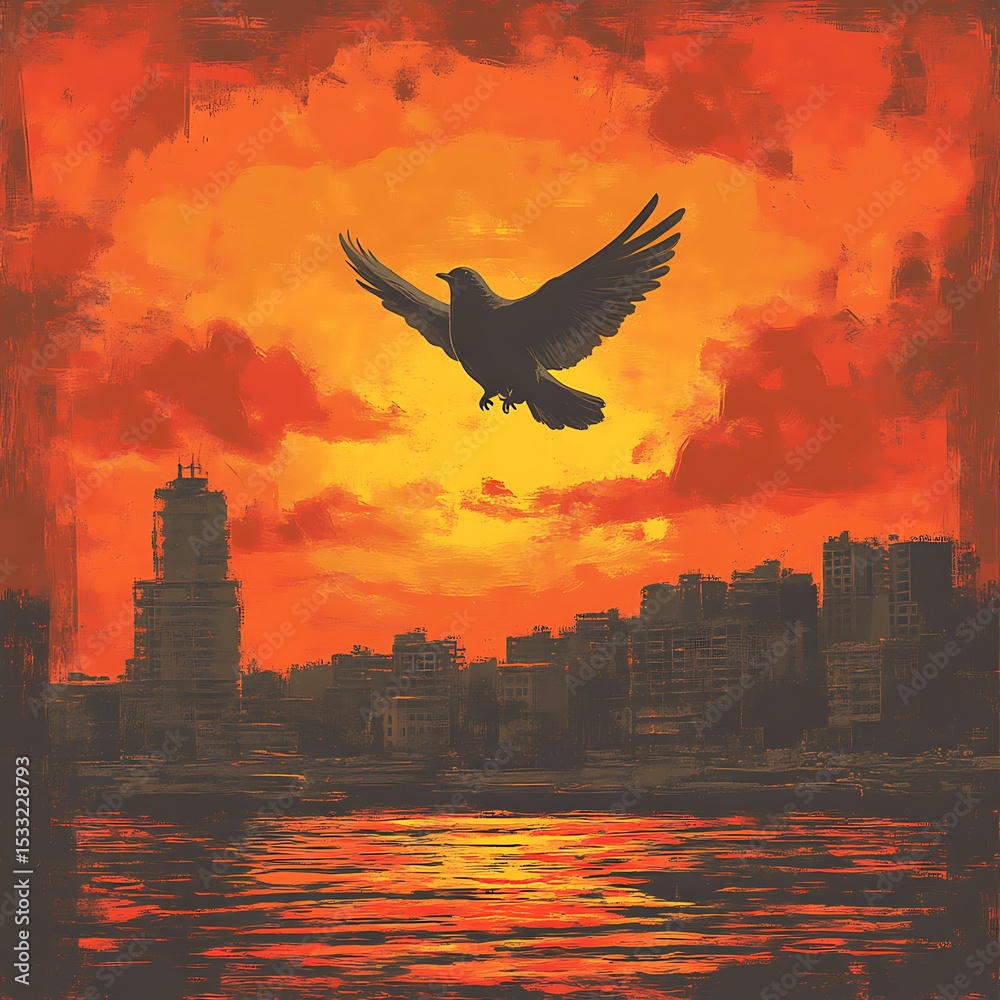 Obraz premium Sunset cityscape with a bird in flight