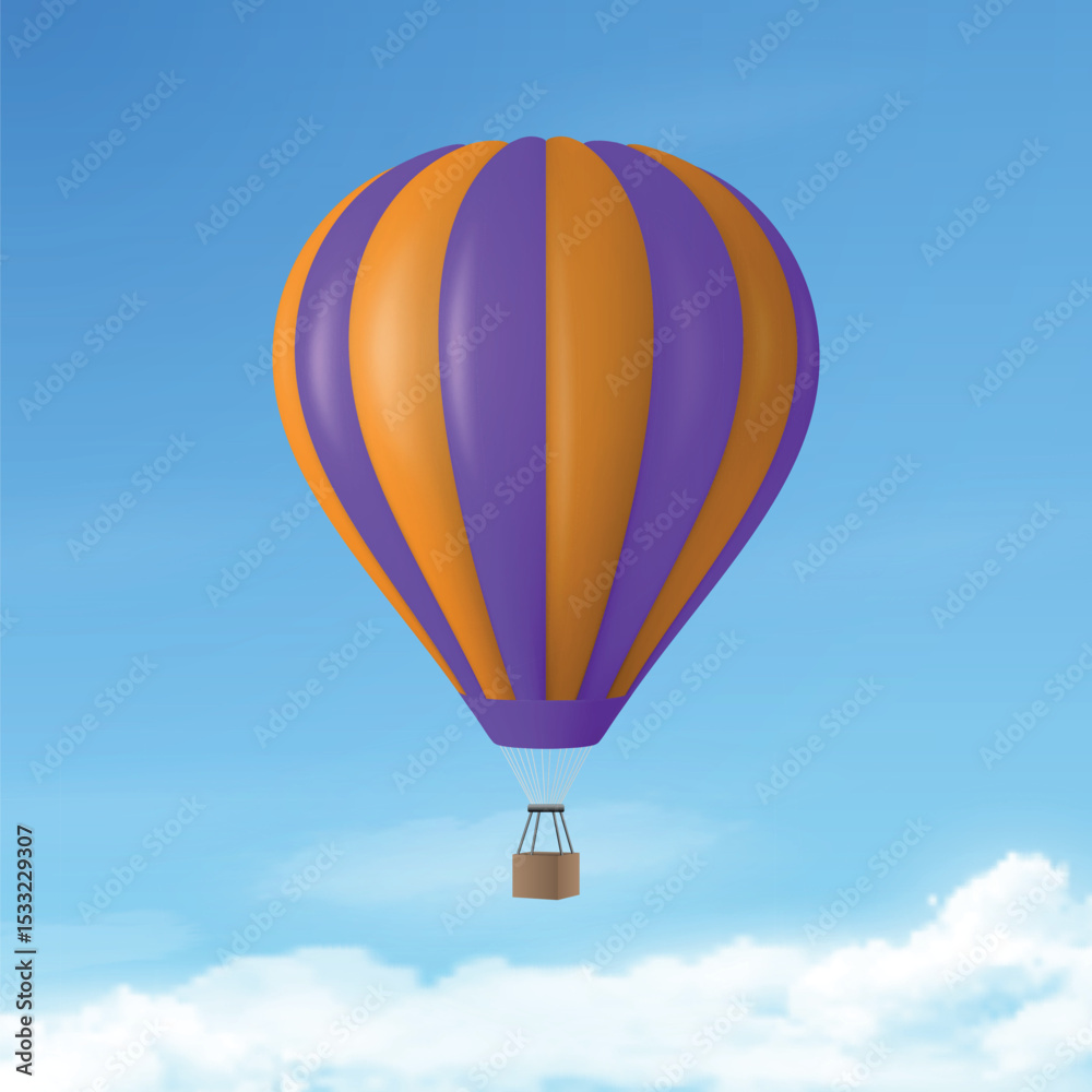 Fototapeta premium Vector Travel Banner with 3d Realistic Hot Air Balloon Icon on a Blue Sky Background. Design Template, Summer Vacation, Travelling, Tourism and Journey Concept