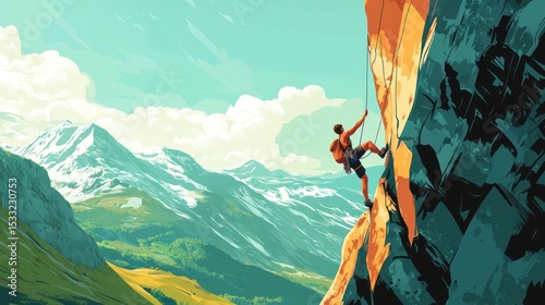 A person is climbing a steep cliffside with mountain range views