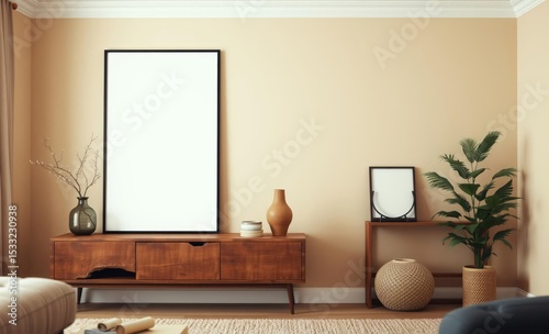 A meticulously crafted living room interior featuring a mock up poster frame a rustic wooden console a vase adorned with a delicate branch and a unique sculpture all harmonizing within a warm ne