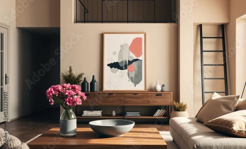 A warm living room where a mockup poster frame adorned with an abstract artwork stood alongside a vase of vibrant pink flowers a sleek wooden console a minimalist gray bowl and a black ladder lea