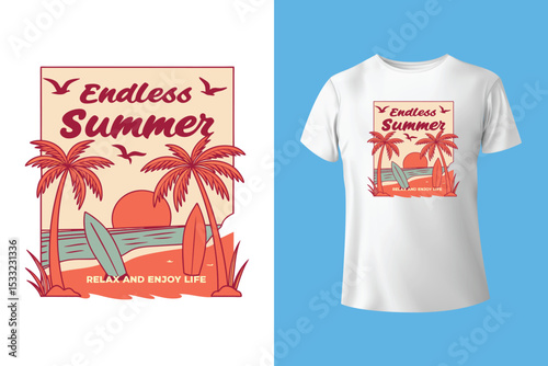 Colorful summer t-shirts on display at a vibrant store during sunny days.