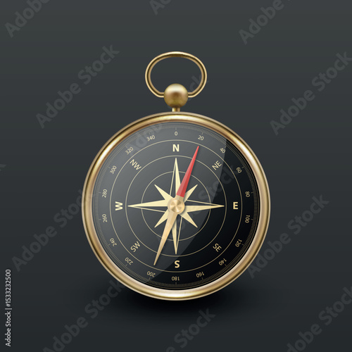 Realistic 3D Vector Compass with Gold Metallic Frame, Navigation Tool Illustration. Vintage Wind Rose Symbol on Dial, Compass Icon Close-up, Isolated