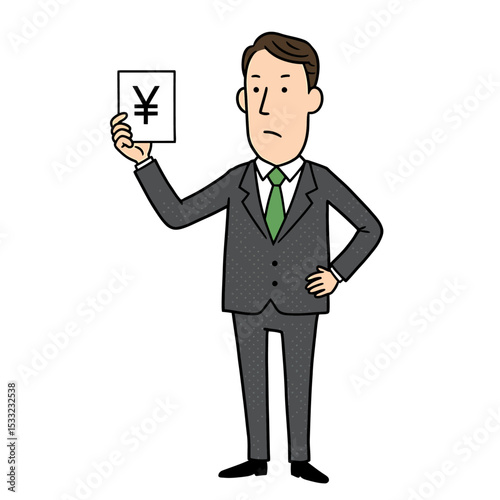 Cartoon businessman in suit holding a card with yen currency symbol. Finance and economy concept. Isolated vector illustration.