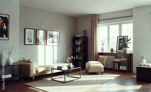 A minimalist living room bathed in natural light boasts a beige chaise lounge adding a touch of comfort and sophistication A collection of carefully curated decorative elements including vases a