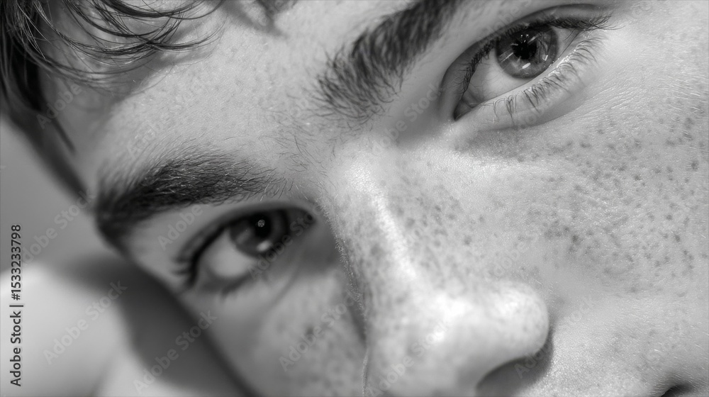 Closeup Black and White Portrait of a Young Man with Freckles Closeup Black and White Portrait of a Young Man with Freckles