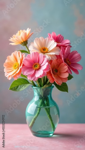 Vibrant blooms in a vase against soft pastel hues , closeup, celebration, table