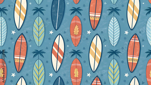 Seamless pattern with surfboards in flat style on blue background