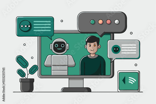 Digital Conversation: Human and Robot on a Computer Screen with Speech Bubbles.