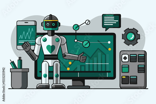 Robot Presenting Data Analytics on Screen with Mobile App and Gear Icon