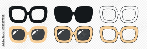 Vector Glasses Icon Set. Cutout Silhouette, Outline Icon, Flat Color Design, Frames, Black Glass Styles. Eyeglasses, Sunglasses, Modern Glasses Frames. Design Template for Optics, Fashion Branding