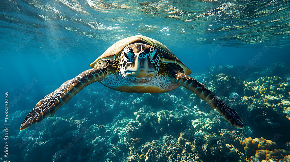 Fototapeta premium A sea turtle swims through a coral reef.