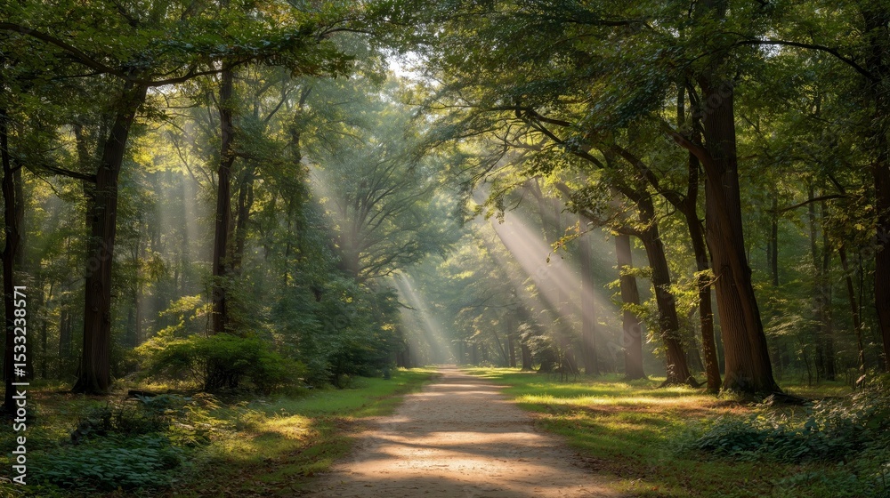 Fototapeta premium Sunlit forest path with golden rays through trees, a serene nature escape