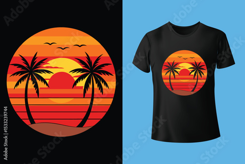 Teal t-shirt with tropical sunset design on wooden table.