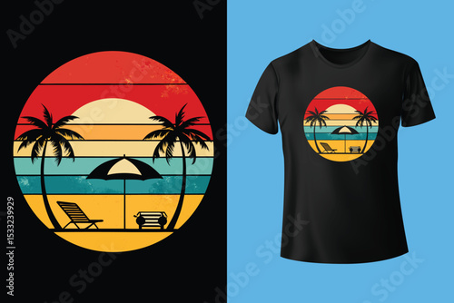 Teal t-shirt with tropical sunset design on wooden table.