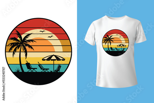 Teal t-shirt with tropical sunset design on wooden table.