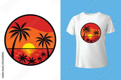 Teal t-shirt with tropical sunset design on wooden table.