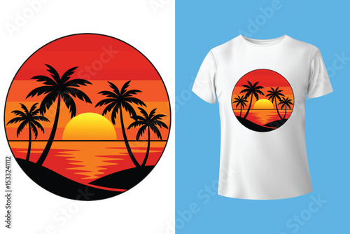 Teal t-shirt with tropical sunset design on wooden table.