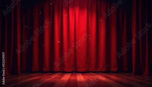 Dimly lit theater with a red velvet curtain featuring scattered light spots on its surface , dim lighting, dimly lit theater