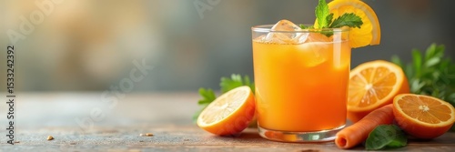 Fresh carrot orange juice in a glass with ice cubes and sliced fruits , carrot, drink