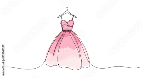Ball Gown Dress – one line doodle drawing with watercolor fill, minimalistic vector illustration on white background