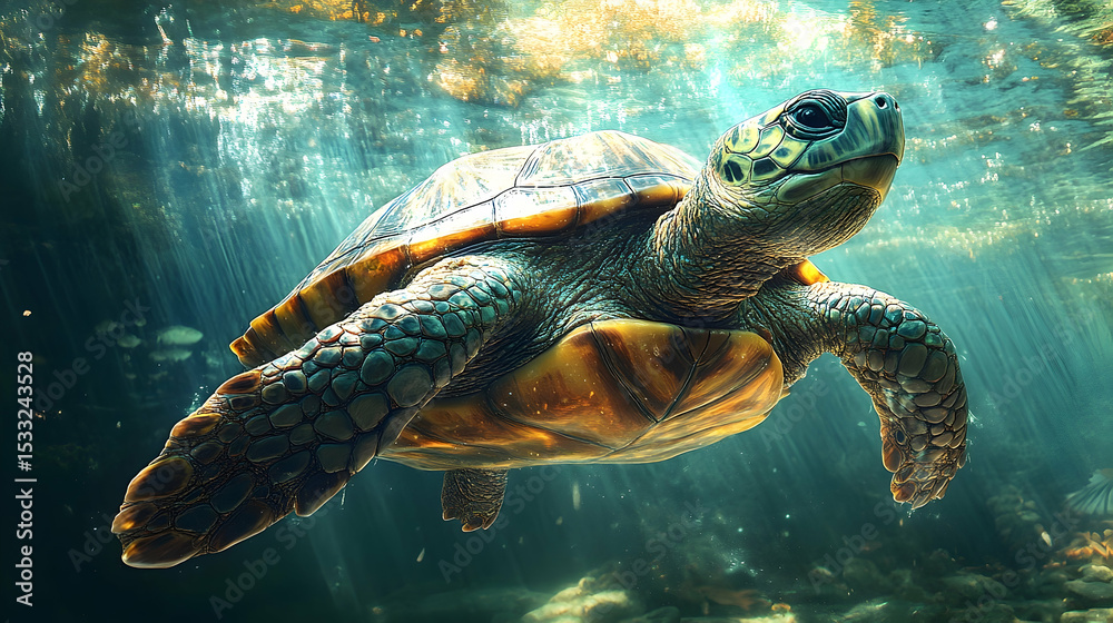 Fototapeta premium A sea turtle swims underwater in a sunlit aquatic environment.