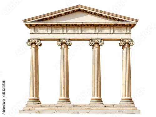 Isolated image of a classical greek or roman temple facade with four columns and a triangular pediment photo