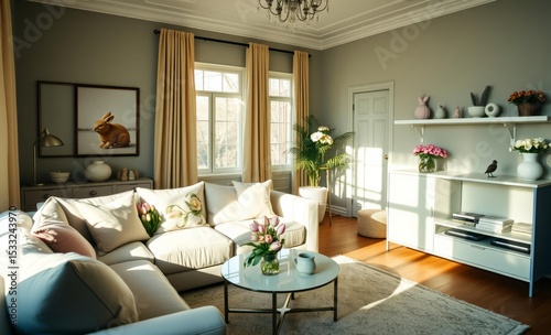 A sunlit haven a living room transformed into an Easter wonderland A modular sofa its cushions adorned with pastel-hued tulips invites relaxation A sleek shelf holds Easter-themed trinkets while