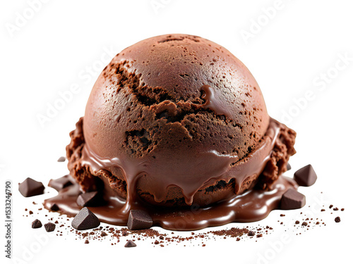 A single scoop of chocolate ice cream with chocolate chunks on a black background in close up view