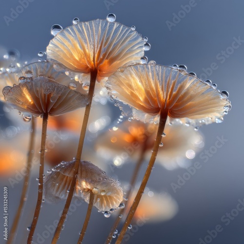 Delicate Orange Mushrooms with Dew Drops in Soft Light