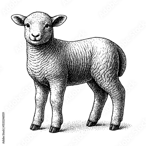 Little lamb engraving in black and white vintage outline vector style