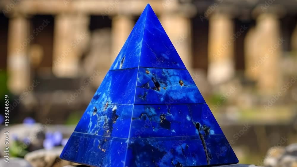 Abstract blue pyramid made of lapis lazuli stone resting outdoors with ancient architecture background on a bright day
