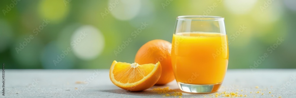 Freshly squeezed orange juice in glass beside orange , segments, orange juice Freshly squeezed orange juice in glass beside orange , segments, orange juice