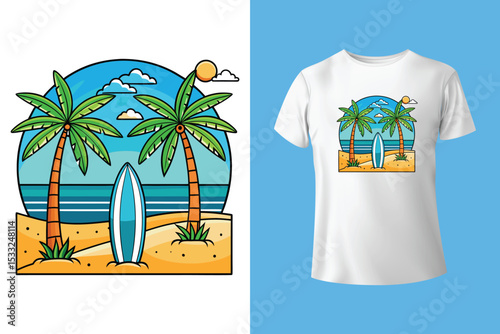 Tropical Surf Design: Vibrant graphic of a tropical paradise, featuring palm trees, surfboard, ocean waves, and the sun, ideal for summer or travel themed designs. 