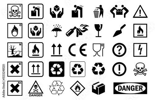 Shipping Label Symbols: a collection of universally recognized shipping and packaging symbols, each a pictogram designed to convey essential instructions for safe handling and transportation.