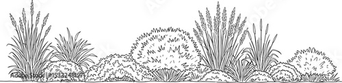 Architectural Drawings, Minimal style cad tree line drawing, Side view, set of section mountian forest outline symbol for landscape design drawing. Vector illustration in stroke fill in white.