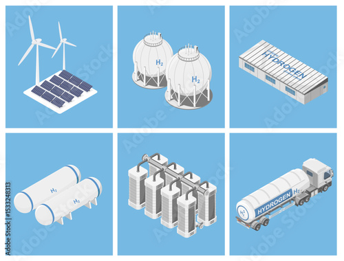 Isometric illustration of hydrogen production storage and distribution process including renewable energy source fuel cells and transport infrastructure