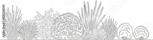 Architectural Drawings, Minimal style cad tree line drawing, Side view, set of section mountian forest outline symbol for landscape design drawing. Vector illustration in stroke fill in white.