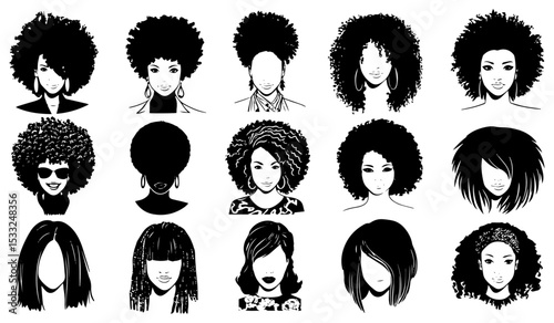 Afro Hairstyle Vector Silhouettes: A collection of diverse Afro hairstyles, illustrated in black and white, showcasing various styles, shapes, and textures of natural black hair.