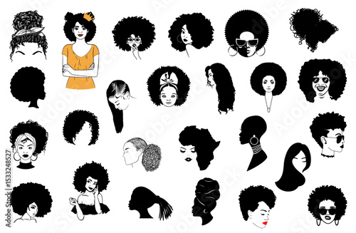  African American Black Women Sillhoutes Pack: A collection of artistic expressions featuring diverse women, each celebrating the beauty and versatility of black hairstyles.